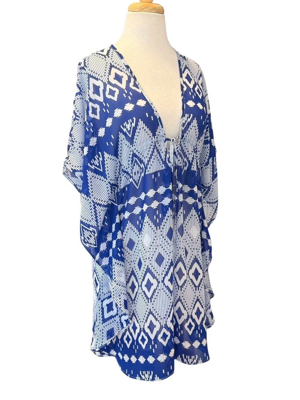 JOSA Tulum Kimono Blue White Geometric Print Cover Up Mini Dress  OS One Size - Picture 2 of 9